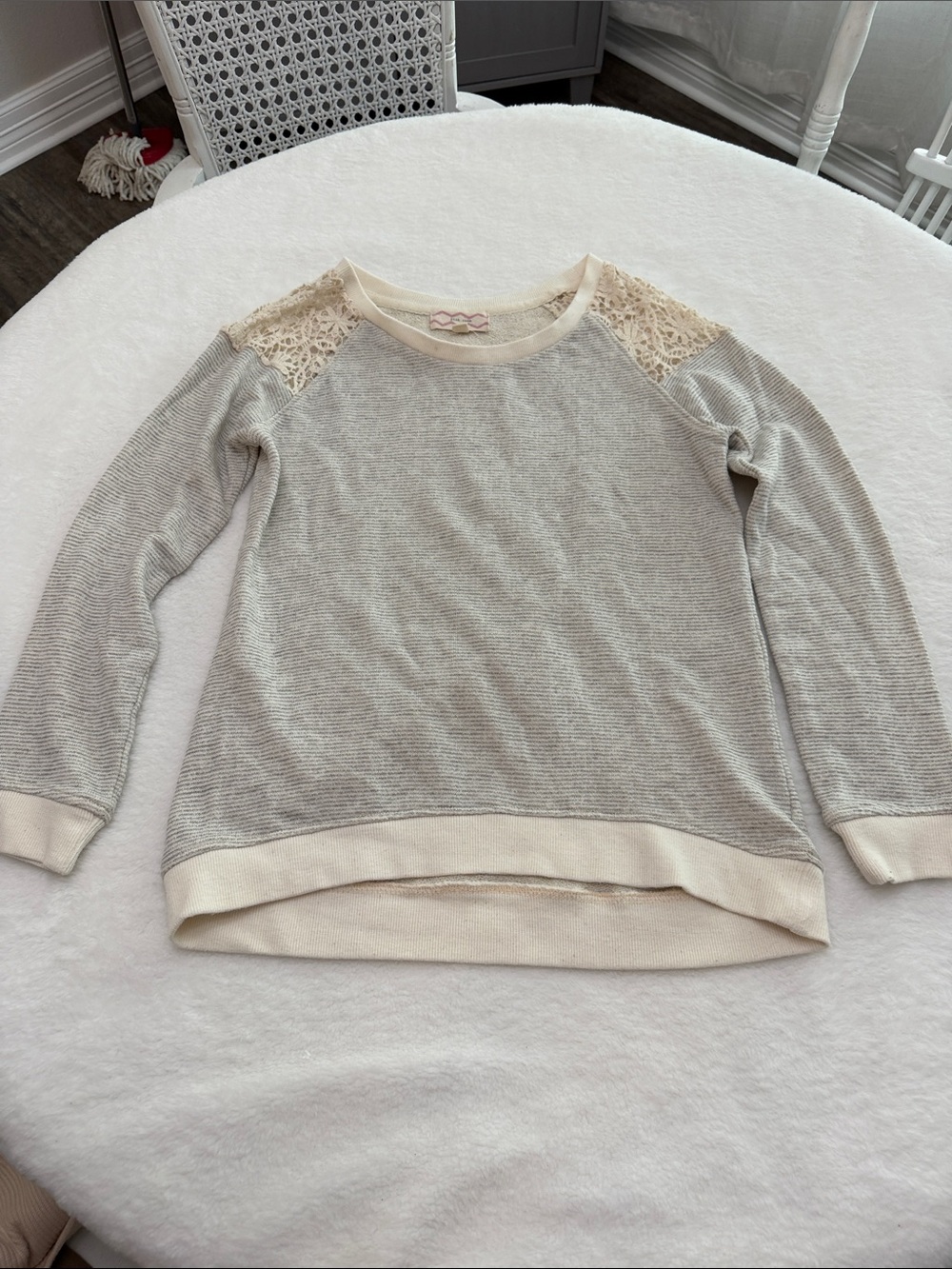 Pink Rose Cream & Light Gray Lace-Shoulder Crew Sweater